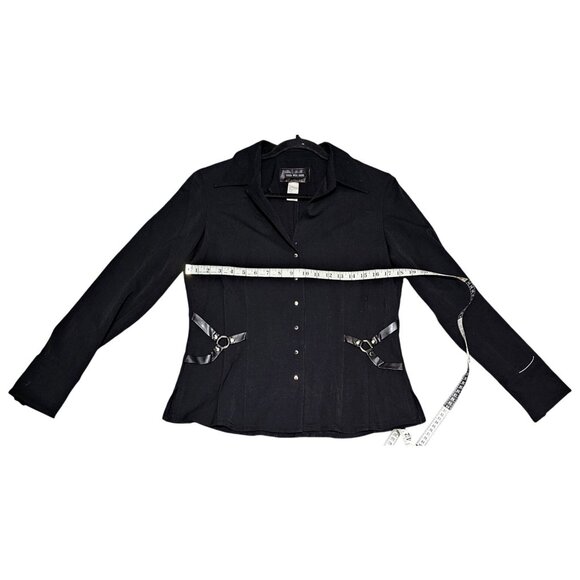 Vex Womens Black Button-Up Blouse With Decorative Ribbon & Pearl Accents - Picture 8 of 8